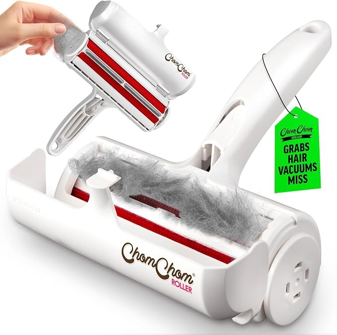 ChomChom Roller Pet Hair Remover, Original Size Reusable Lint Roller for Cat &amp; Dog Hair on Furniture, Couch, Carpet, Car, Rugs &amp; Bedding, Portable, Eco-Friendly (White)