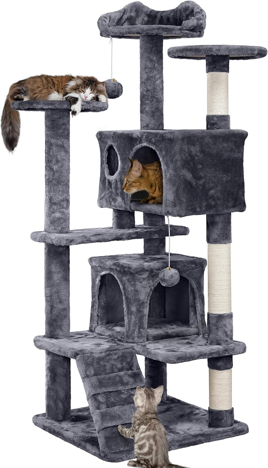 Yaheetech 54in Cat Tree Tower with two caves, a kitten-ear perch, and scratching posts