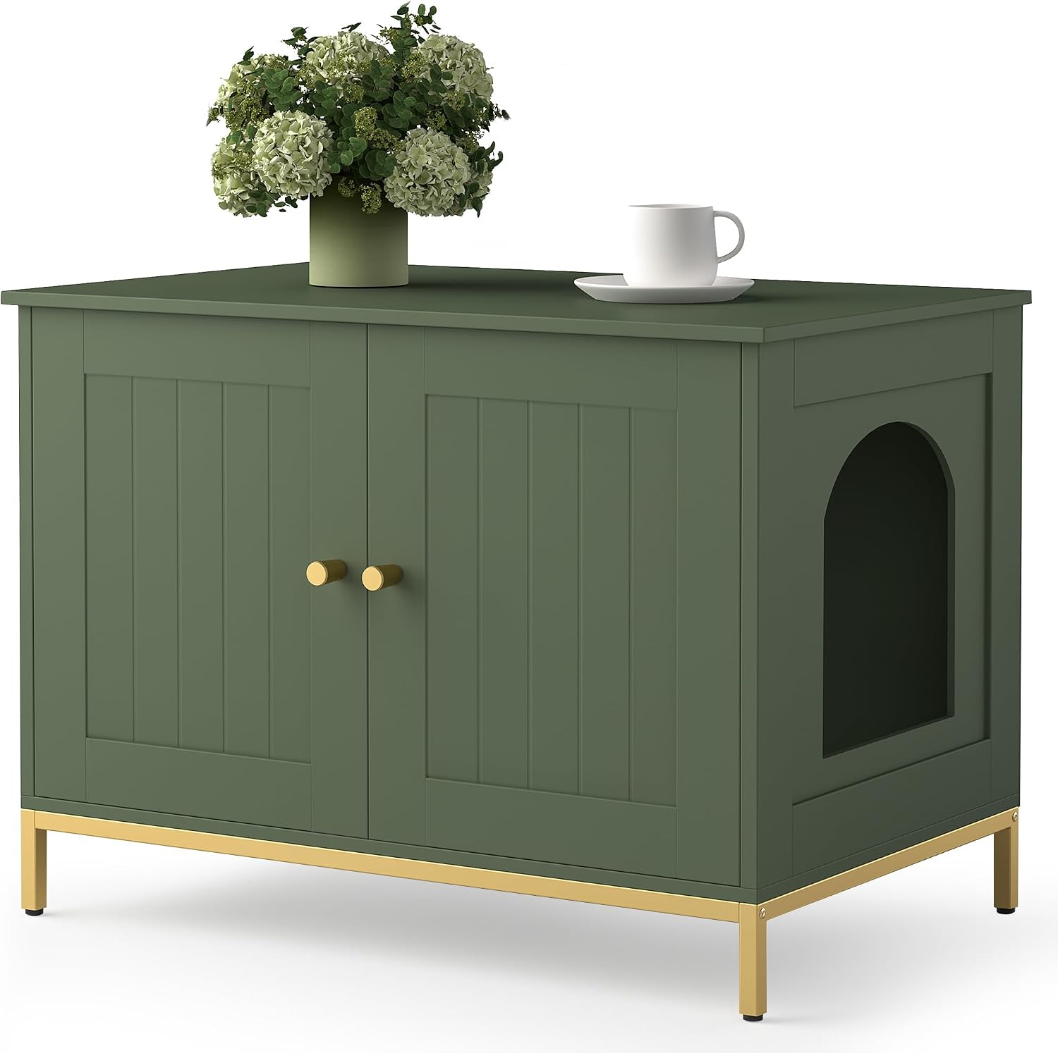 Homhedy 28.3 inch L Cat Litter Box Enclosure with Metal Frame, Green and Gold