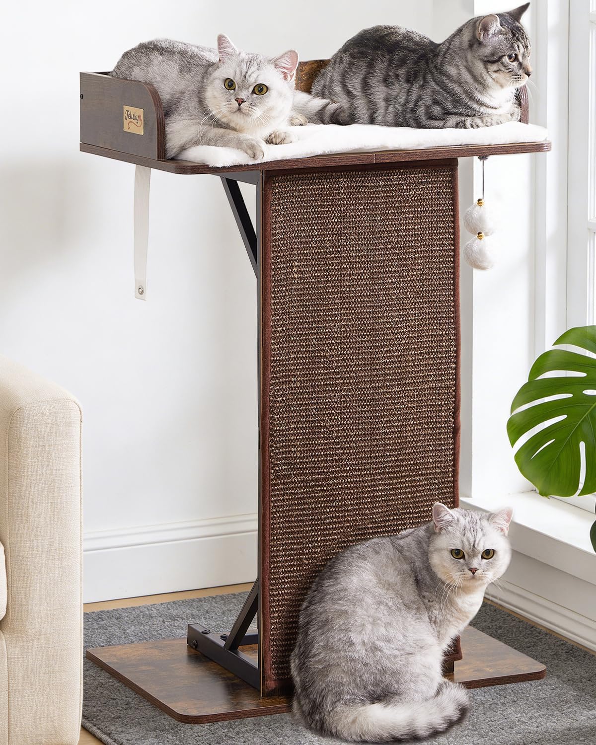 Modern Wood Cat Tree Tower for Indoor Large Adult Cats with Big Perch Bed