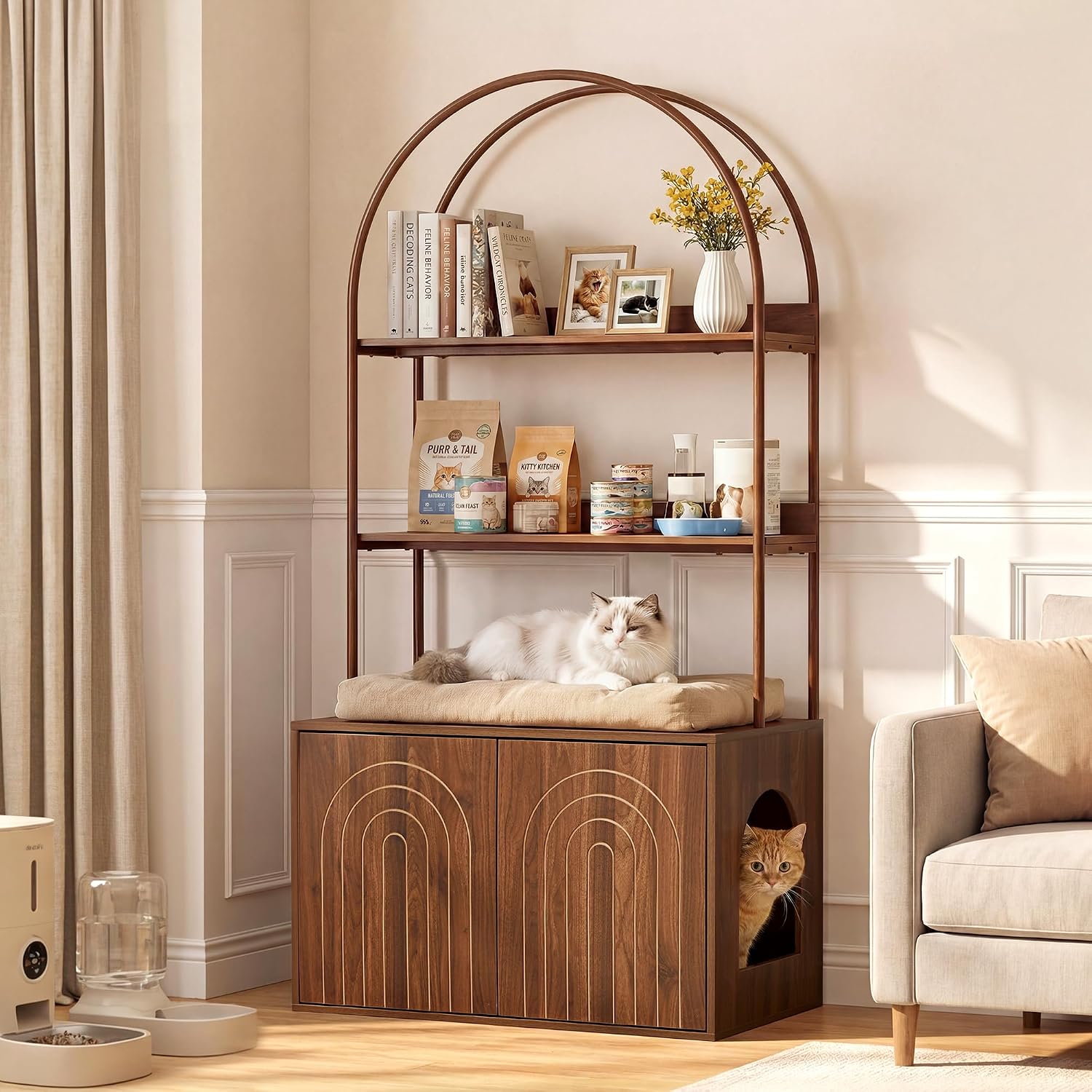 Arched Cat Litter Box Enclosure with 2-Tier Shelves