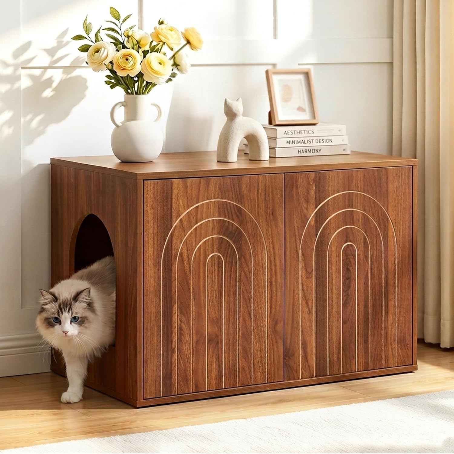 Cat Litter Box Enclosure, 31.5" Hidden Litter Box Cabinet Furniture, Walnut