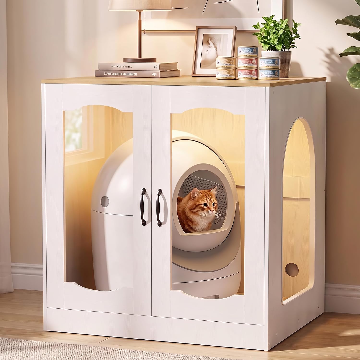Large Cat Litter Box Furniture with Charge Station and Led Lighting (CE001)